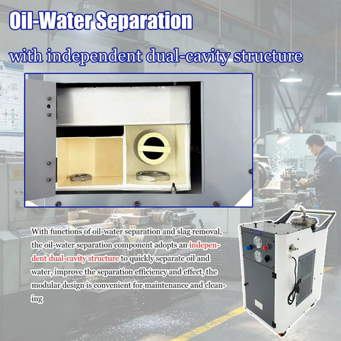 Heavy Duty Pneumatic Chip And Sludge Removal Machine For Cnc Workshops showing dual-cavity oil-water separator for efficient separation.