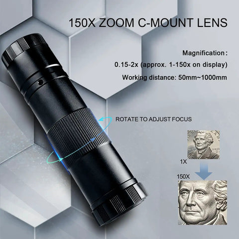 High Def Digital Microscope For Electronics Repair With 48MP 4K Imaging 1080P HDMI USB C Output 150X Zoom C Mount Lens, black