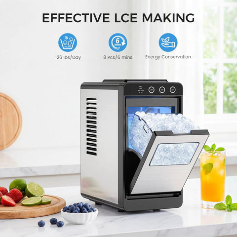 Compact Countertop Ice Maker With No Fuss Self Cleaning, Delivers 8 Cubes In 6 Minutes And Up To 26 Lbs Per Day, Stainless Steel