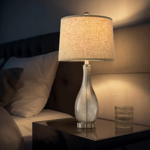 24.5 Inch Glass Table Lamps Set Of 2 With USB Charging Ports on nightstand, illuminating bedroom with modern silver finish