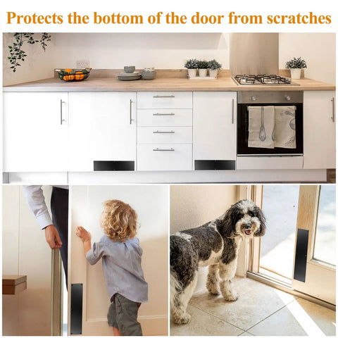 Tough As Nails 2 Pack Stainless Steel Door Push Plates 11.5 By 3 Inch Slick Black Kick Shield protecting door in kitchen with child and dog.