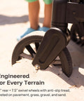 Close-up of All-Terrain Wagon Stroller For Two Kids wheel on sand showcasing 11-inch rear and 7.5-inch front swivel wheels