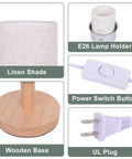 Cozy Round Table Lamp With Linen Shade, E26 lamp holder, wooden base, power switch, UL plug, mini bedside night light details