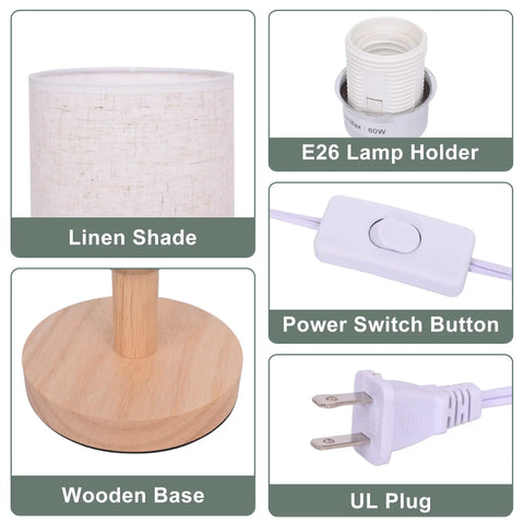 Cozy Round Table Lamp With Linen Shade, E26 lamp holder, wooden base, power switch, UL plug, mini bedside night light details
