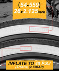 Close-up of 26 Inch Cruiser Bike Tire Set 2 Pack With Puncture Resistant Replacement Tires Inner Tubes And Tire Levers showing size and PSI info