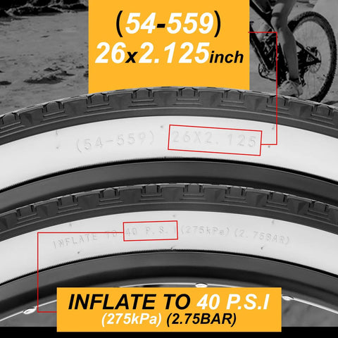 Close-up of 26 Inch Cruiser Bike Tire Set 2 Pack With Puncture Resistant Replacement Tires Inner Tubes And Tire Levers showing size and PSI info