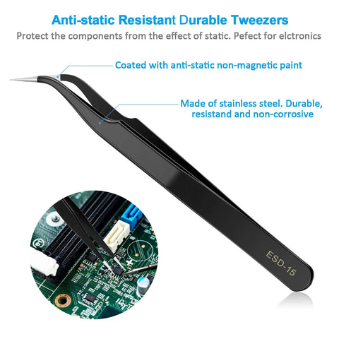 Go-To All-in-One 7-Piece Precision Tweezers Set - Anti-Static Stainless Steel ESD Tweezers Kit For Electronics, Soldering, Jewelry