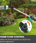 Close-up of thumb flow control on 24 inch garden hose watering wand with 8 spray patterns and pivoting head in use.
