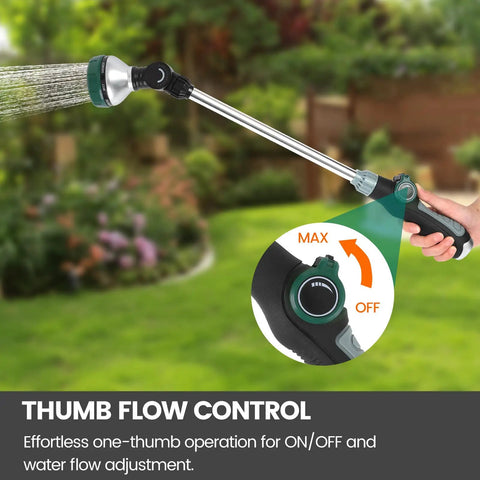 Close-up of thumb flow control on 24 inch garden hose watering wand with 8 spray patterns and pivoting head in use.
