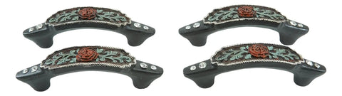 Hella Charismatic Six Inch Wide Set Of Four Western Red Rose Cabinet Pulls With Sweeping Green Vine, Lush Scroll Detail