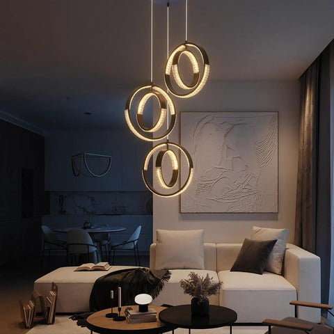Modern LED Chandelier With 6 Ring Ball Design Black Pendant Lamp 18W Dimmable Ceiling Light Fixture in stylish living room
