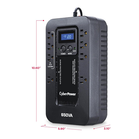 Ecologic Battery Backup And Surge Protector UPS System EC650LCD 650VA 390W Eight Outlets With Eco Mode Compact Uninterruptible Power Supply For Home Office Computer Router TV Gaming Console And Network Gear