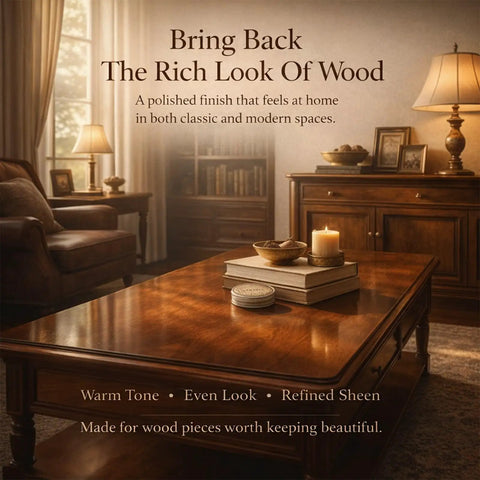 Killer Wood Scratch Repair Balm And Furniture Polish For Finished Countertops No Color Matching Needed Hella Slick Protective Sealant And Zero Hassle Home Care Essential on a polished wooden coffee table with candles and books.
