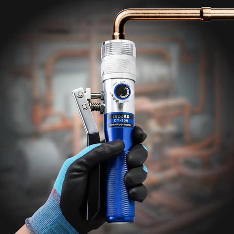 Portable Hydraulic Swaging Tool Kit For Copper Tubing Expands 3/8 To 1 1/8 Inch in use on copper pipe, hand-held view