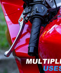 Close-up of motorcycle handlebar and brake lever on a red bike with text 'MULTIPLE USES' highlighting versatility.