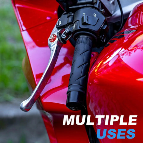 Close-up of motorcycle handlebar and brake lever on a red bike with text 'MULTIPLE USES' highlighting versatility.