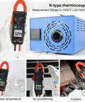 True RMS Digital Clamp Meter For DIY And Pros, 6000 Counts, shown measuring under various conditions including K-type thermocouple.