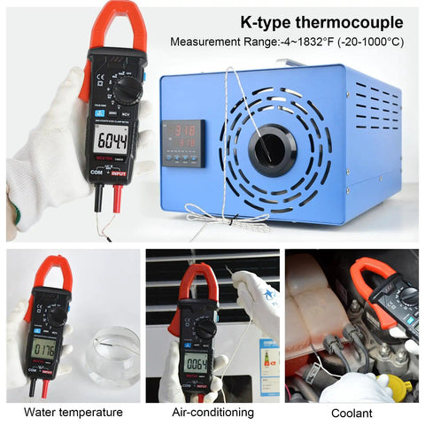 True RMS Digital Clamp Meter For DIY And Pros, 6000 Counts, shown measuring under various conditions including K-type thermocouple.