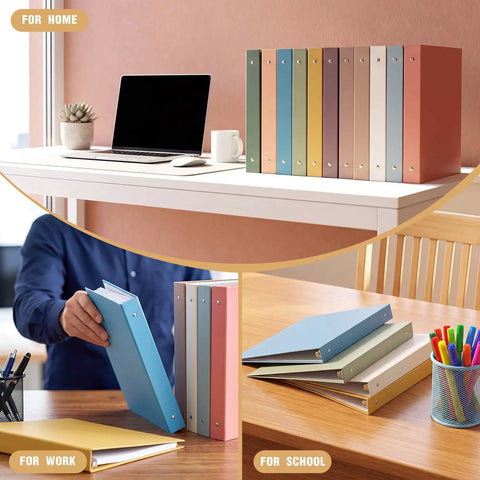 Ten Colorful 3 Ring Binders Set With Two Pockets Hardcover For School Office And Home Use displayed on desk and shelf