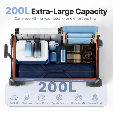 Heavy Duty Collapsible All Terrain Wagon Cart With 400 Lb Capacity And Wide 9cm Wheels With 360 Degree Swivel Front, loaded with camping gear.