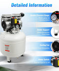 10 Gallon Oil-Free Air Compressor 1HP Ultra Quiet Vertical Steel Tank showing double pressure gauge and cooling fan features.