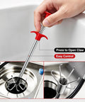Image of Heavy Duty Flexible Drain Clog Buster With 63 Inch Spring Steel Plumbing Snake and red handle in use for unclogging sinks.