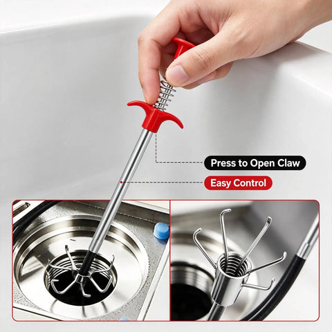 Image of Heavy Duty Flexible Drain Clog Buster With 63 Inch Spring Steel Plumbing Snake and red handle in use for unclogging sinks.