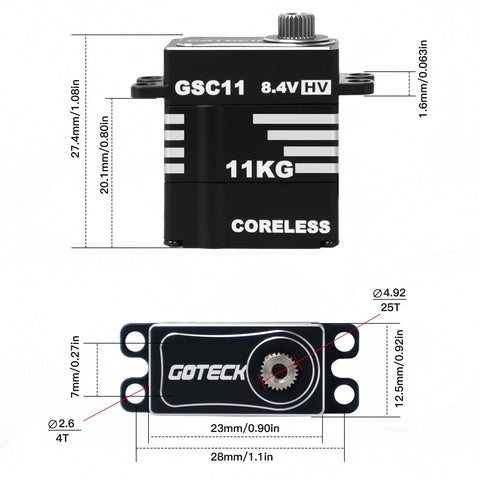 11Kg High Torque Sub Micro Steering Servo 8.4V Coreless With Metal Horn dimensions and Goteck branding