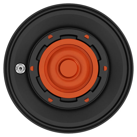 Urinal diaphragm assembly, top-down view, 0.5 GPF, orange center with black mounting ring.