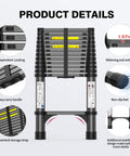 12.5ft Telescoping Aluminum Ladder, Heavy Duty 330 Lb Capacity, All Black, Triangular Stabilizers For Extra Stability, Non Slip Feet, Lightweight Yet Durable Extension Ladder For Home, Garage, And Job Site Go-To Workhorse. Folded ladder with independent locking, handle, and stabilizers