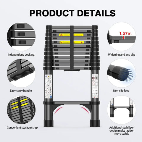 12.5ft Telescoping Aluminum Ladder, Heavy Duty 330 Lb Capacity, All Black, Triangular Stabilizers For Extra Stability, Non Slip Feet, Lightweight Yet Durable Extension Ladder For Home, Garage, And Job Site Go-To Workhorse. Folded ladder with independent locking, handle, and stabilizers