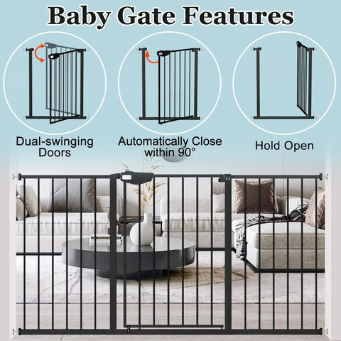 Ultra Wide Baby Gate With Triple Lock No-Fuss Pressure Mounted Walk Through Swing Auto Close Black Metal Gate in living room