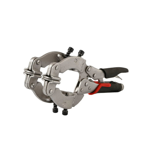 Locking Welding Pipe Pliers Clamp 14 Inch Round Tube Clamp For Welding Metalworking And Woodworking Heavy Duty DIY Projects 1 Pack With Secure Locking Mechanism And Four Pads For Firm Grip For Pros And DIY Folks, shown closed on round pipe