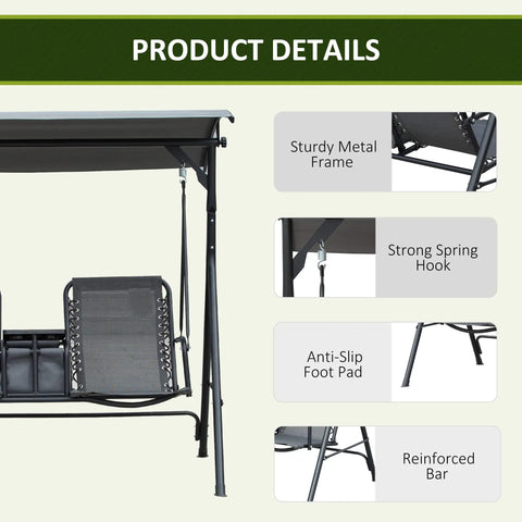 Two Seater Patio Swing Chair With Canopy And Storage Table For Backyard Hangouts, sturdy metal frame, reinforced bar, gray