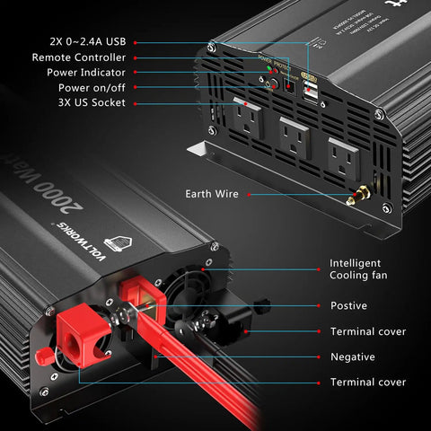 2000W 12V DC To 110V AC Power Inverter With Remote Control And 3 AC Outlets 2.4A USB Port UL Fuses Lithium Battery Compatible details
