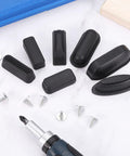 4 Pack Luggage Replacement Pads With Plastic Stand Feet For Suitcase And Travel Gear Bottom Side Accessories Includes Self Tapping Screws Black 42x19x13mm, with screws and screwdriver on white surface.
