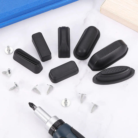 4 Pack Luggage Replacement Pads With Plastic Stand Feet For Suitcase And Travel Gear Bottom Side Accessories Includes Self Tapping Screws Black 42x19x13mm, with screws and screwdriver on white surface.