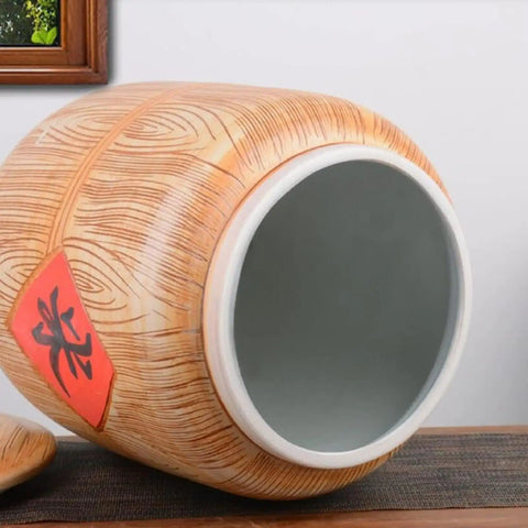 Heavy Duty Ceramic Grain Dispenser Jar With Secure Locking Lid, showcasing the intricate wood-grain design and spacious interior.