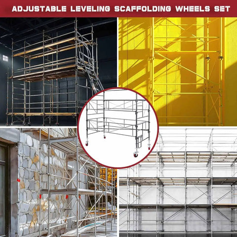 Top Notch Four Pack Adjustable Leveling Scaffolding Wheels With Rock Solid Screw Jack Base Feet For Tubular Frames Heavy Duty Ball Bearing Rolling Casters on scaffolding structure.