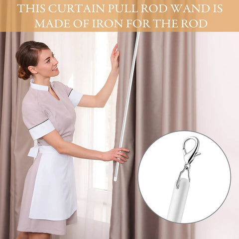 Model using No Sweat Curtain Pull Wands 46 Inch White Acrylic Drapery Rod Openers with hooks, adjusting curtains at home.