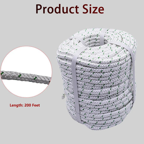 Heavy Duty 3/8 Inch 200 Ft Double Braid Polyester Rope for Outdoor Use, coiled rope with close-up showing texture