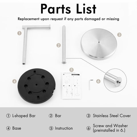 Parts list for Sturdy Floor Standing Toilet Paper Holder Built Like A Tank In SUS 304 Stainless Steel Rustproof With A 2x Heavier Base And Brushed Nickel Finish For Zero Wobble In Any Bathroom.