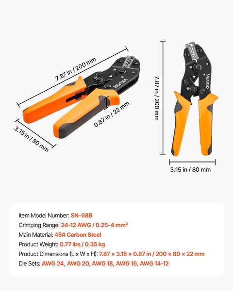 No Sweat Ratcheting Wire Crimper Pliers For 24 To 12 AWG Terminals, 7.87 in, 45# Carbon Steel, designed for electricians.