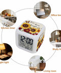 Nifty Little Sunflower Watercolor Floral Bedside Digital Alarm Clock Featuring Sweet Led Nightlight And Easy Snooze Mode For Bedroom Or Home Office Desk Quiet Time Display on a kitchen counter.