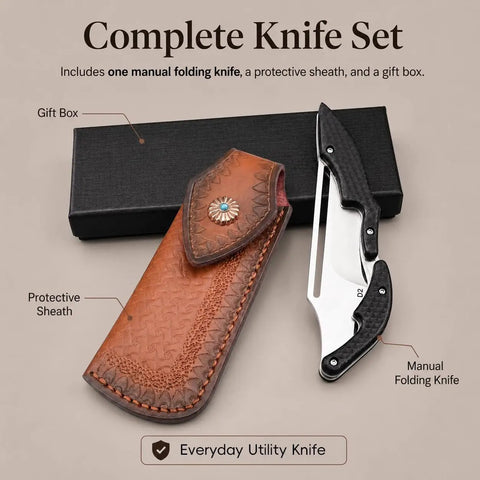 Tough As Nails D2 Steel Folding Pocket Knife With Stonewashed Blade Includes Gift Box And Sheath, displayed with leather sheath and box.
