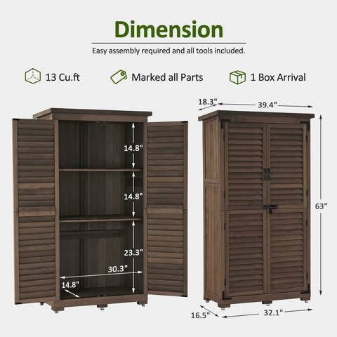 Outdoor Storage Cabinet For Yard And Patio, Tall 63 Inch Wooden Garden Shed With Lockers and Removable Shelves, Dimensions View