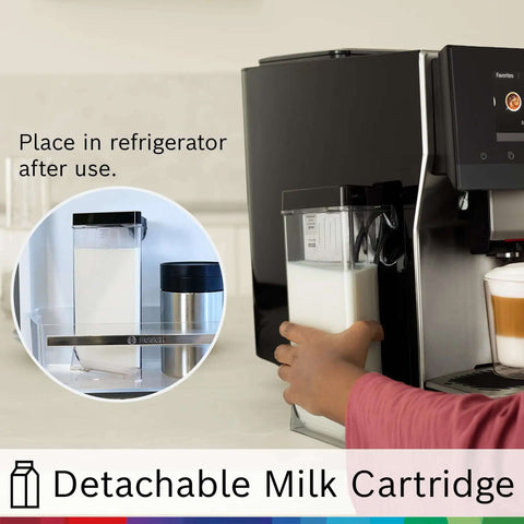 Double Cup Barista Style Home Fully Automatic Coffee Machine showing detachable milk cartridge for latte macchiato