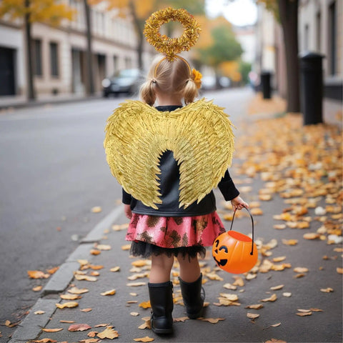 Girl wearing Totally Radiant Gold Feather Wings With Headband Set For Girls, Angel Wing Costume Accessories for Halloween.