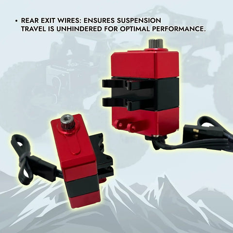 Beefy High Torque Micro Servo for 1 24 RC Crawlers, 5V to 8.4V Power, shown in red and black with rear exit wires.