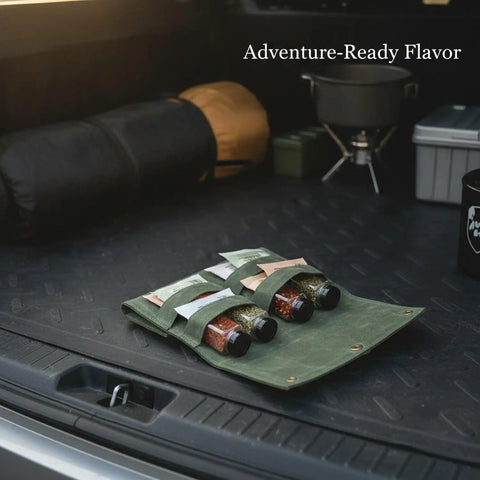 Waxed Canvas Spice Roll Organizer For Camping And Travel on car trunk with spice jars visible, perfect for RV trips.
